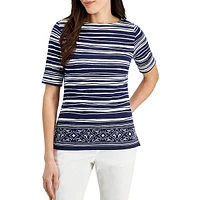 Painterly-Stripe Boatneck Elbow-Sleeve Top