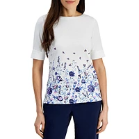 Floral-Hem Boatneck Elbow-Sleeve Top