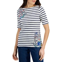 Stripe & Floral Boatneck Elbow-Sleeve Top