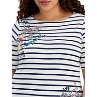 Plus Stripe & Floral Boatneck Elbow-Sleeve Top