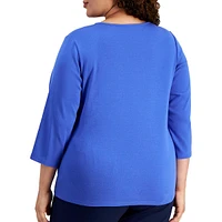 Plus Grommet-Neckline Three-Quarter-Sleeve Top