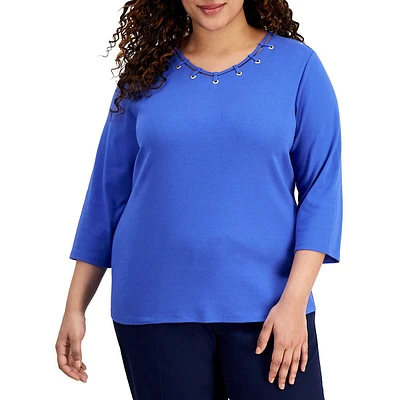 Plus Grommet-Neckline Three-Quarter-Sleeve Top