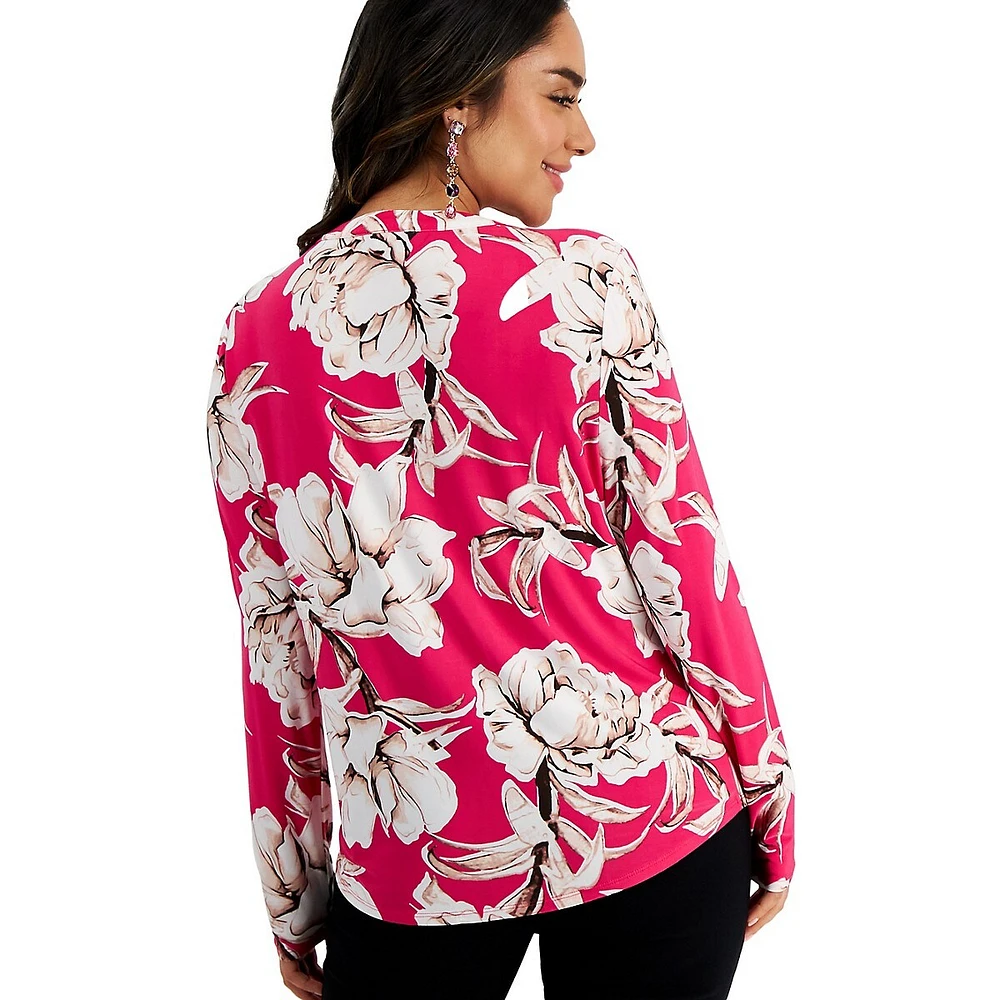 Petite Faux Zip-Pocket Floral Tunic Top