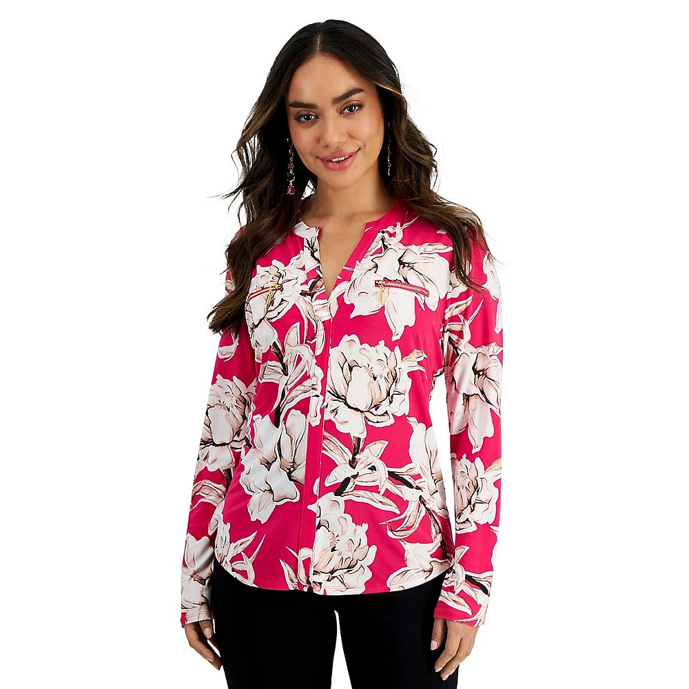 Petite Faux Zip-Pocket Floral Tunic Top