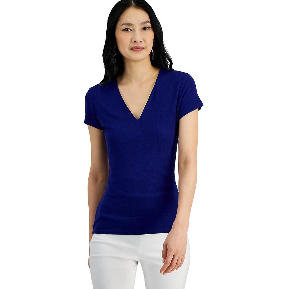 V-Neck Short-Sleeve Ribbed Top
