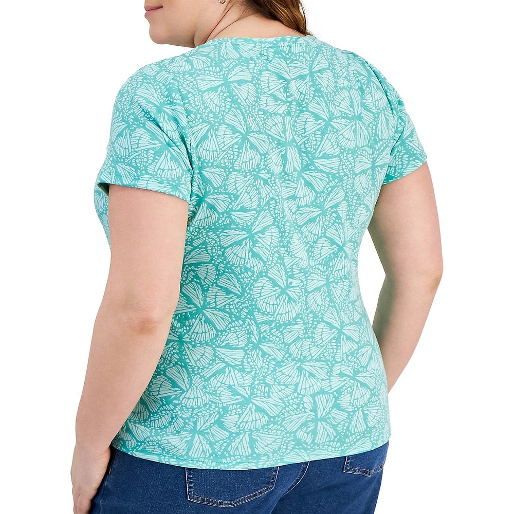 Plus Butterfly-Print Short-Sleeve Henley Top