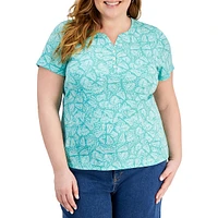 Plus Butterfly-Print Short-Sleeve Henley Top