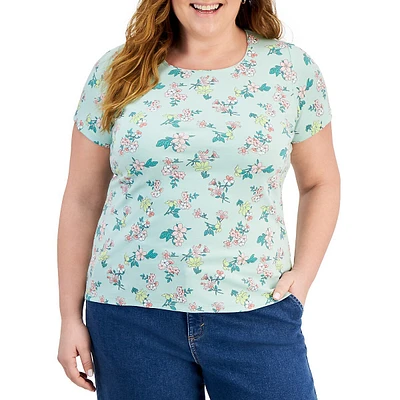 Plus Floral Short-Sleeve Scoopneck Top