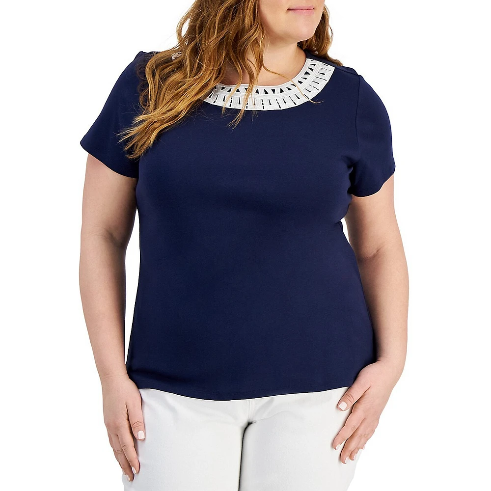 Plus Lace-Trim Short-Sleeve Top