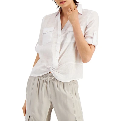 Linen Roll-Tab Twist-Hem Blouse