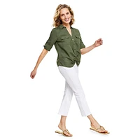 Linen Roll-Tab Twist-Hem Blouse