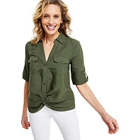 Linen Roll-Tab Twist-Hem Blouse