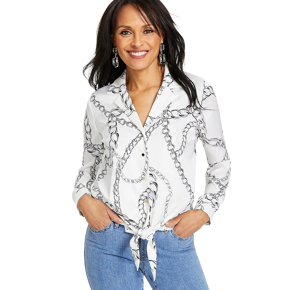 Chain-Print Front-Tie Satin Blouse