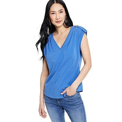 V-Neck Shoulder-Epaulette Cap-Sleeve Top