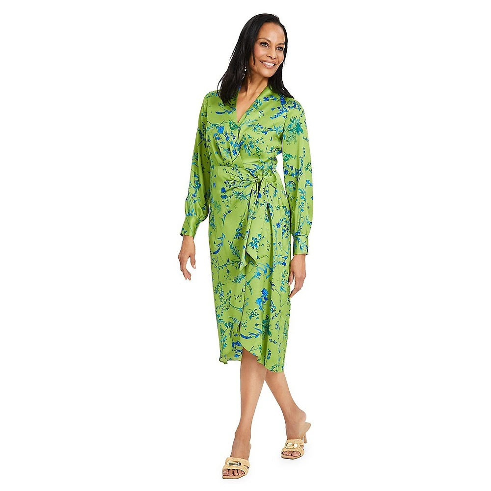 Satin Floral Faux Wrap Dress