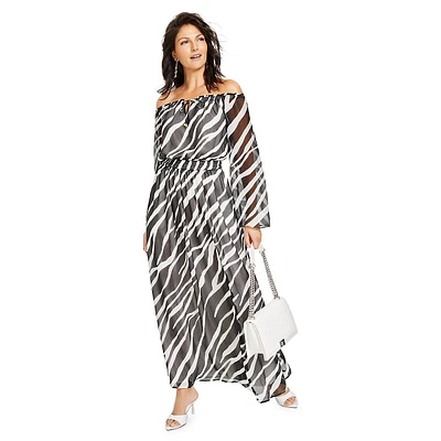 Off-The-Shoulder Zebra-Stripe Maxi Dress