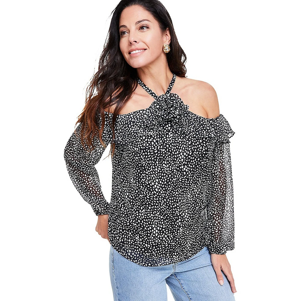 Petite Print Cold-Shoulder Rosette Blouse