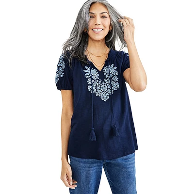 Petite Vacay Embroidered Tassel-Tie Top