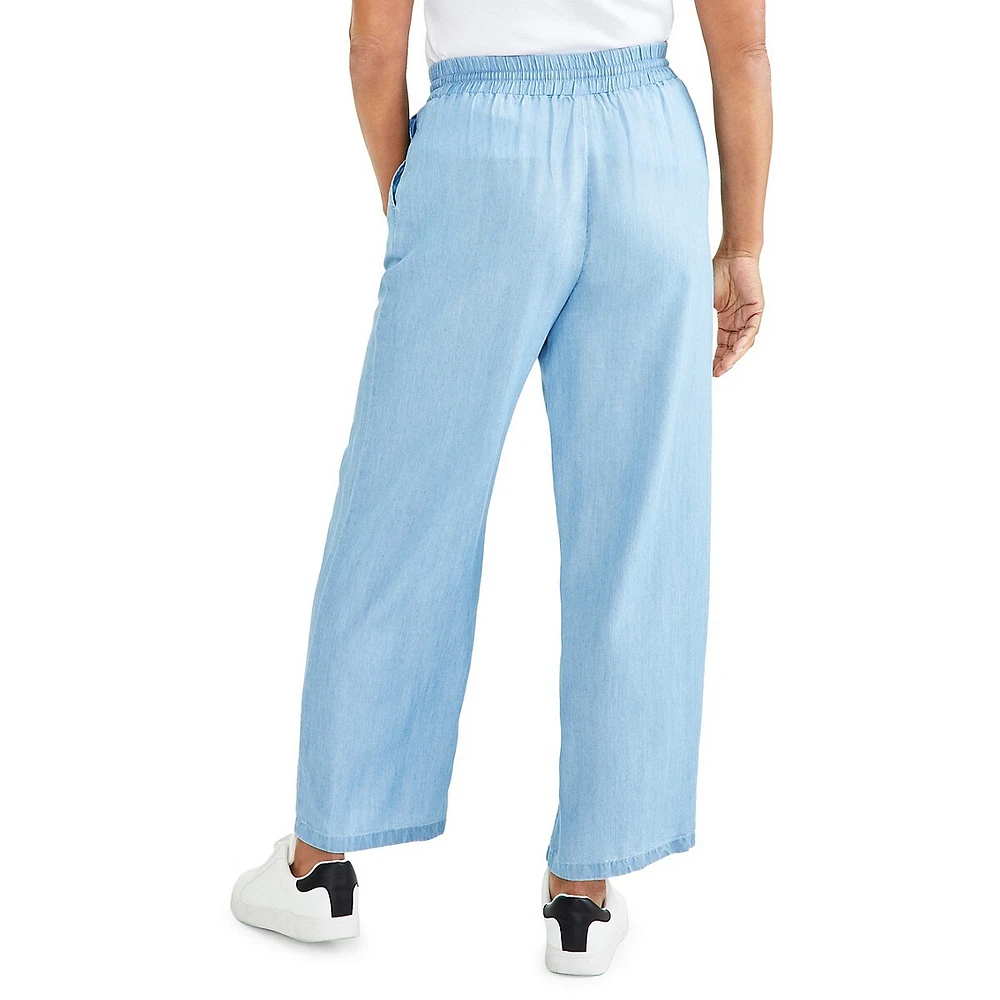 Chambray High-Rise Wide-Leg Pull-On Pants