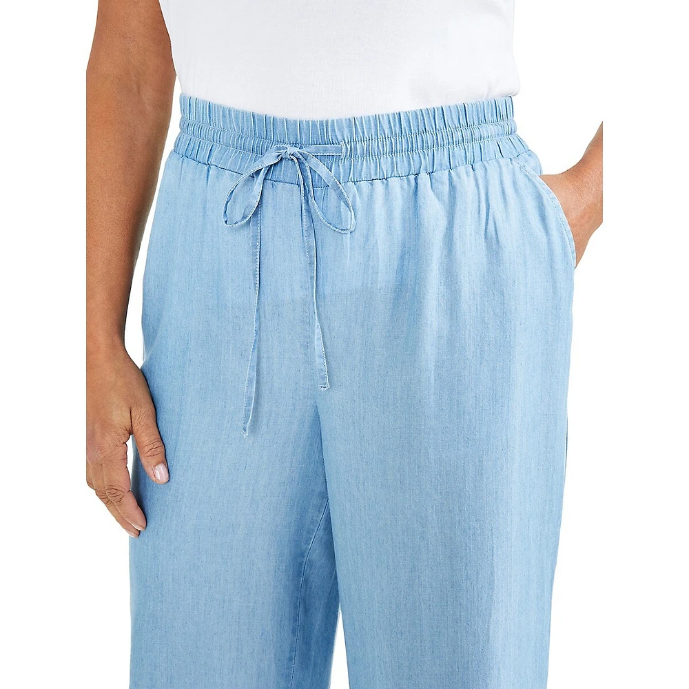 Chambray High-Rise Wide-Leg Pull-On Pants