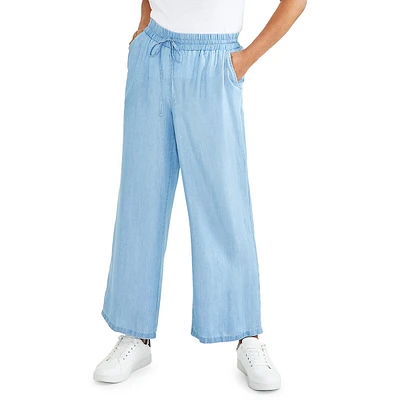 Chambray High-Rise Wide-Leg Pull-On Pants