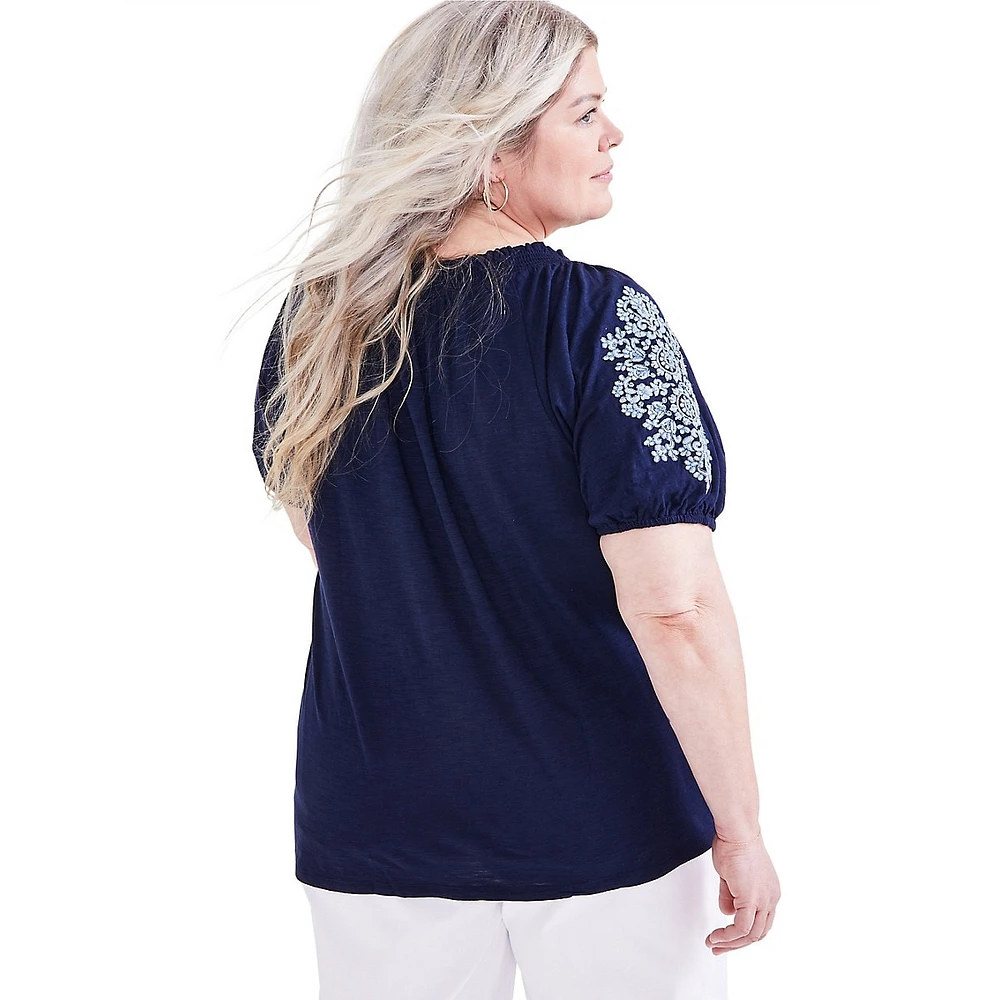 Plus Vacay Embroidered Short-Sleeve Top