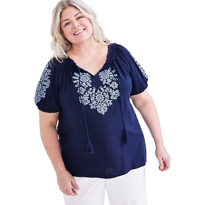 Plus Vacay Embroidered Short-Sleeve Top