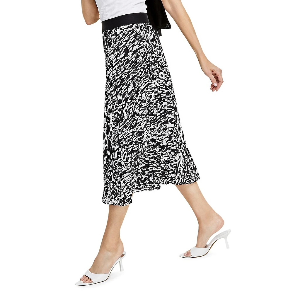 Printed Pull-On Pleated Midi Skirt