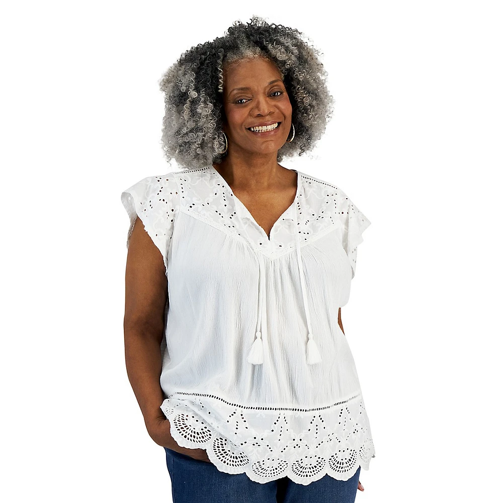 Plus Eyelet Crinkle Splitneck Blouse