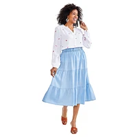 Chambray Tiered Pull-On Skirt