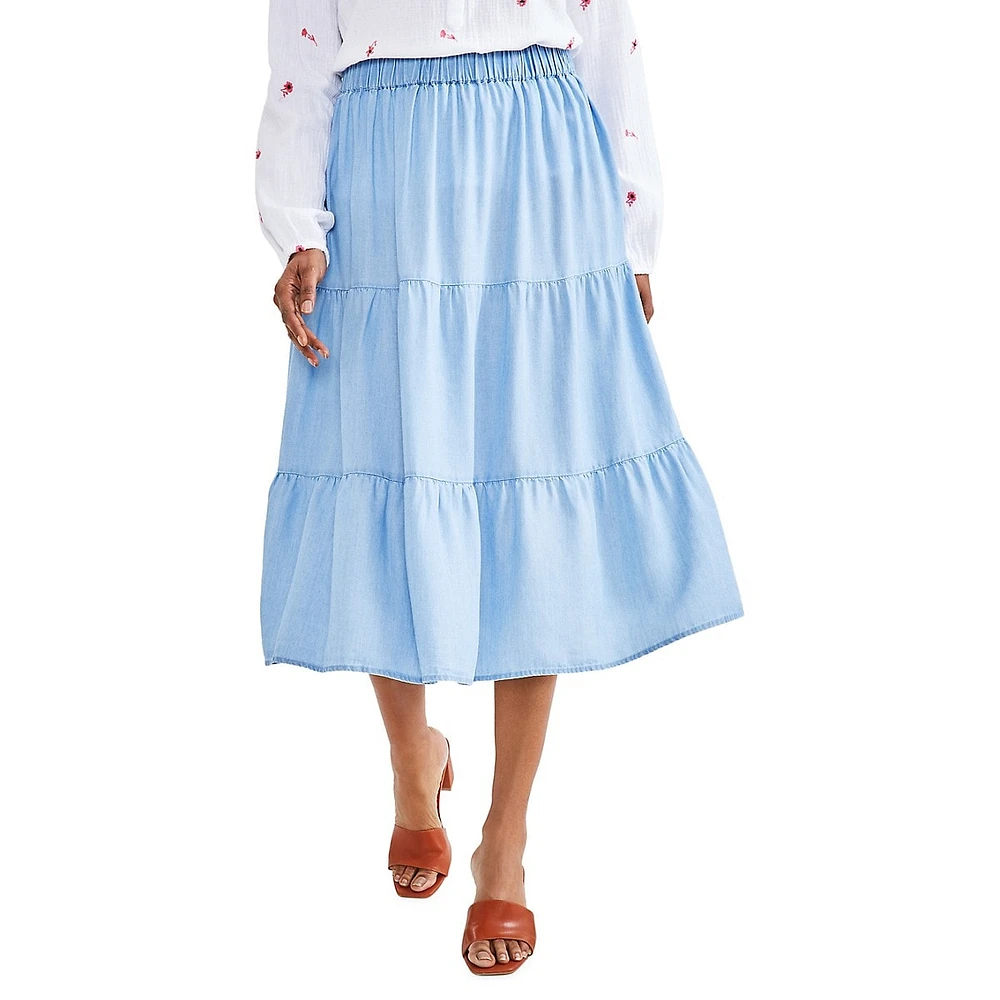 Chambray Tiered Pull-On Skirt