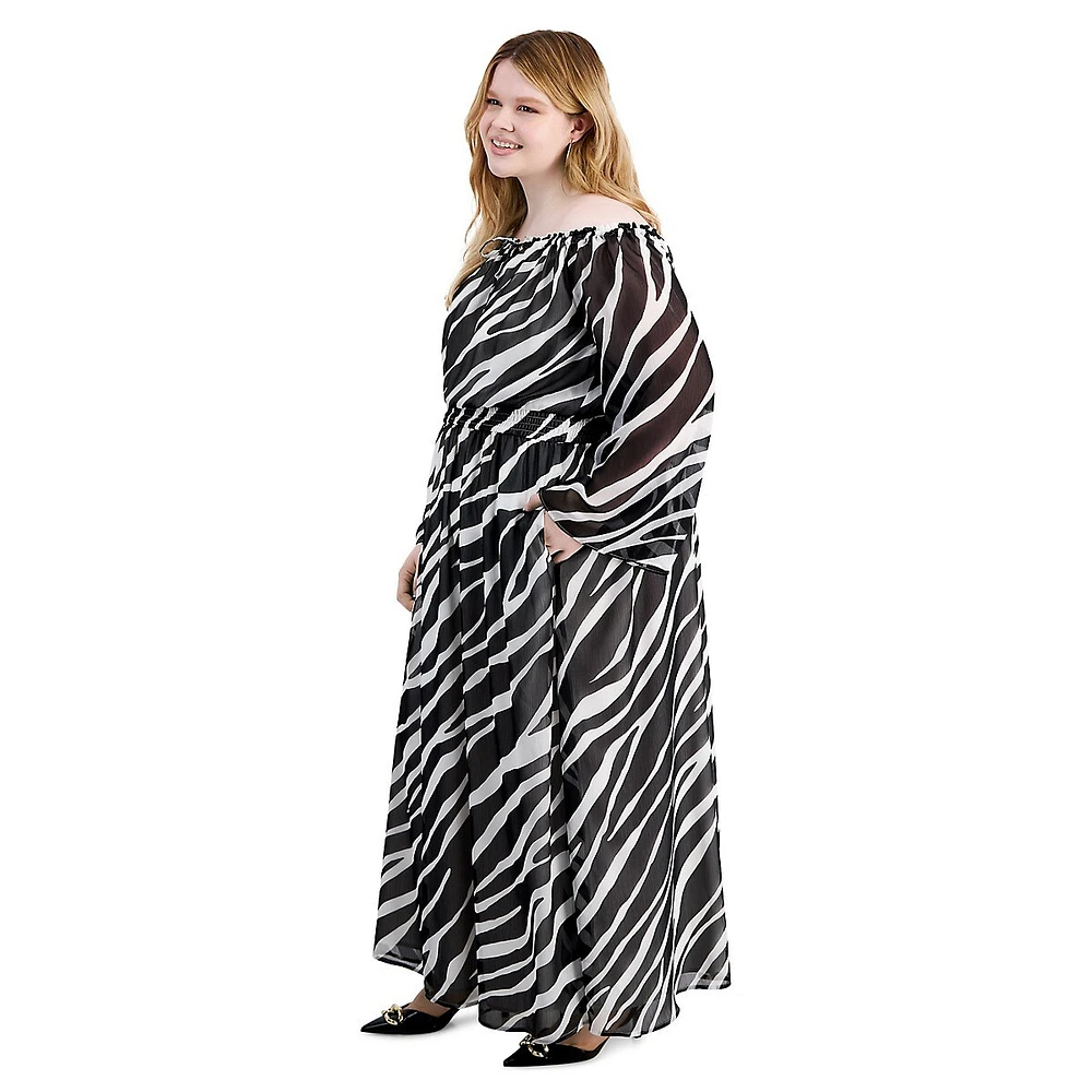 Plus Zebra-Print Off-The-Shoulder Maxi Dress