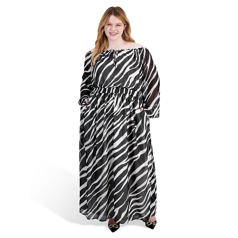 Plus Zebra-Print Off-The-Shoulder Maxi Dress