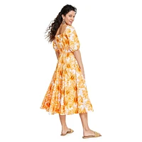 Floral Puff-Sleeve Smocked-Waist Midi Dress