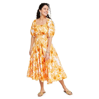 Floral Puff-Sleeve Smocked-Waist Midi Dress