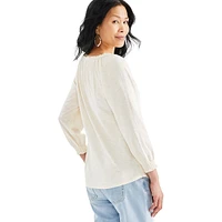 Gathered Textured Long-Sleeve Knit Top