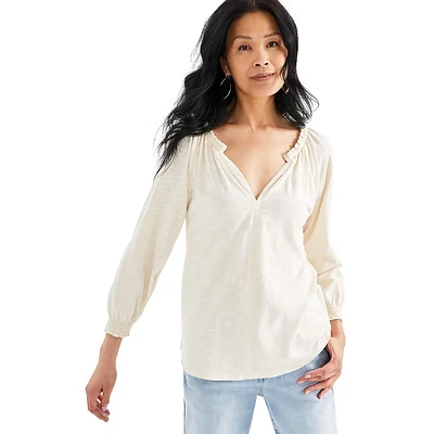 Gathered Textured Long-Sleeve Knit Top