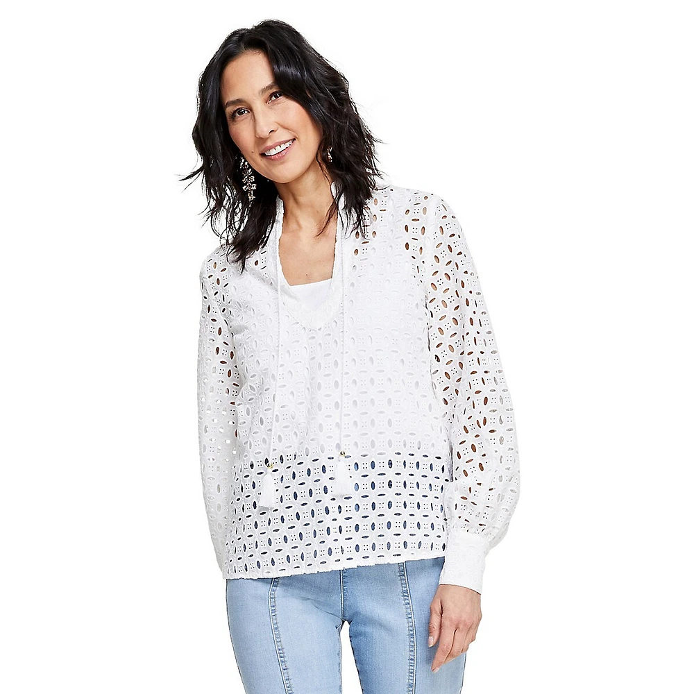 Cotton Tie-Neck Eyelet Blouse