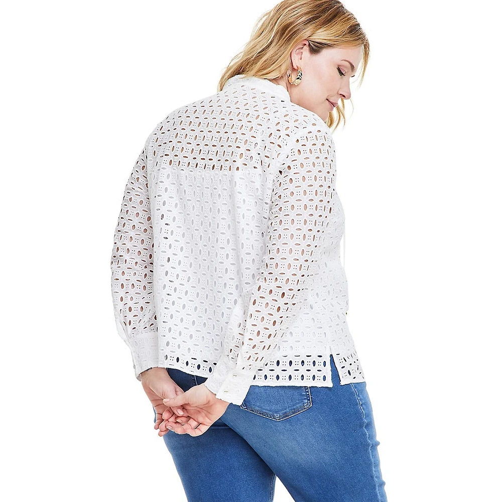 Plus Eyelet Long-Sleeve Tie-Neck Blouse