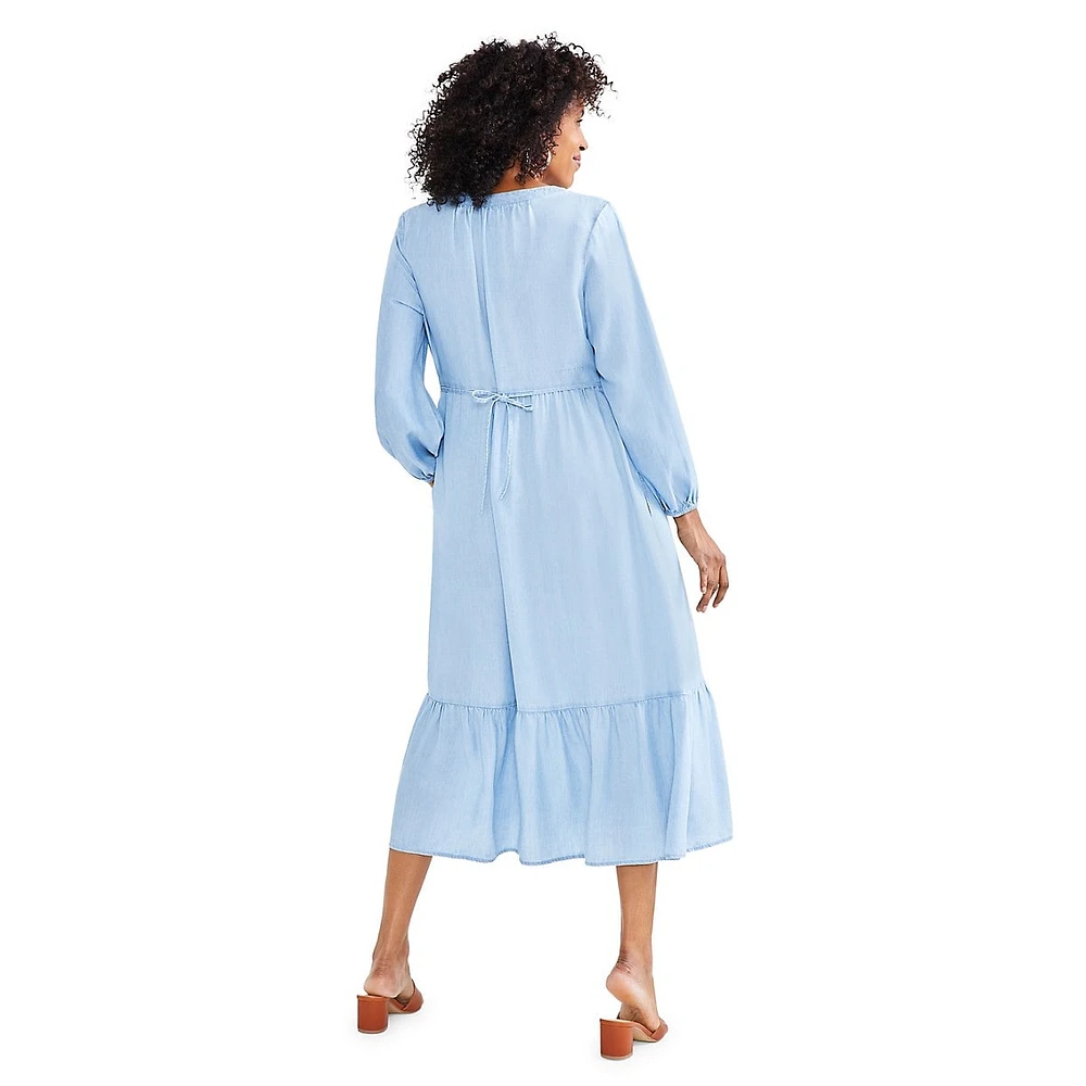 Petite Chambray Tiered Button Ruffled Dress