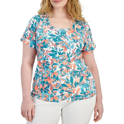 Plus Foliage-Print Scoopneck Top