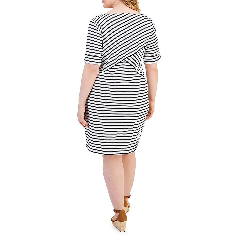 Plus Elbow-Sleeve Abstract Stripe Dress