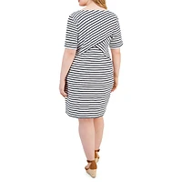 Plus Elbow-Sleeve Abstract Stripe Dress