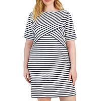 Plus Elbow-Sleeve Abstract Stripe Dress