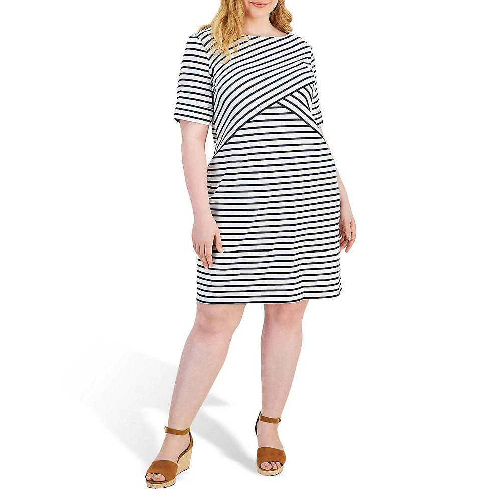 Plus Elbow-Sleeve Abstract Stripe Dress