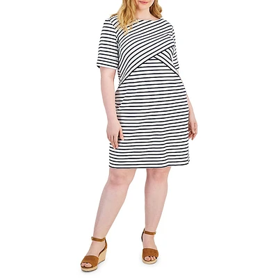 Plus Elbow-Sleeve Abstract Stripe Dress