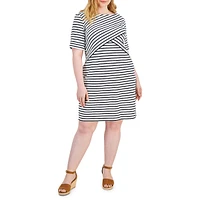 Plus Elbow-Sleeve Abstract Stripe Dress