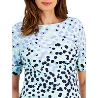 Petite Dot Print Boatneck Elbow-Sleeve Top