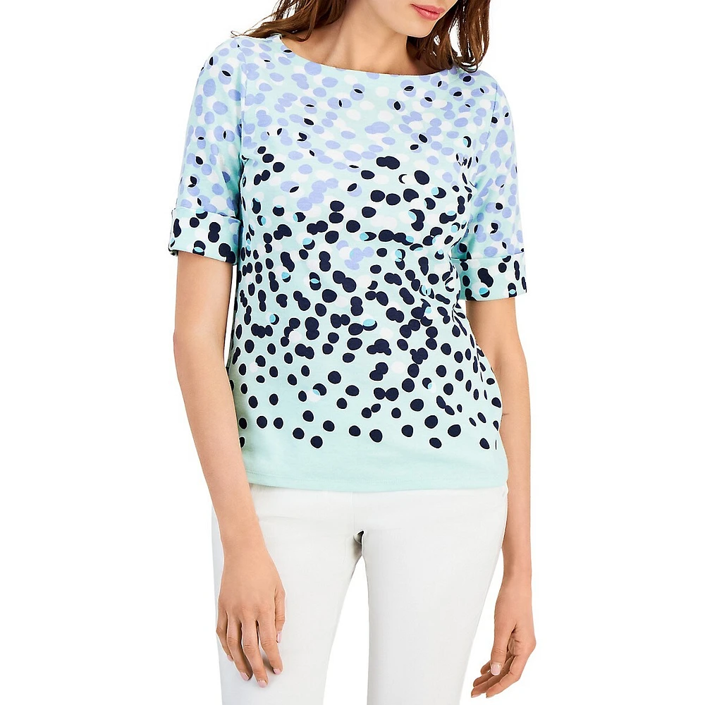 Petite Dot Print Boatneck Elbow-Sleeve Top