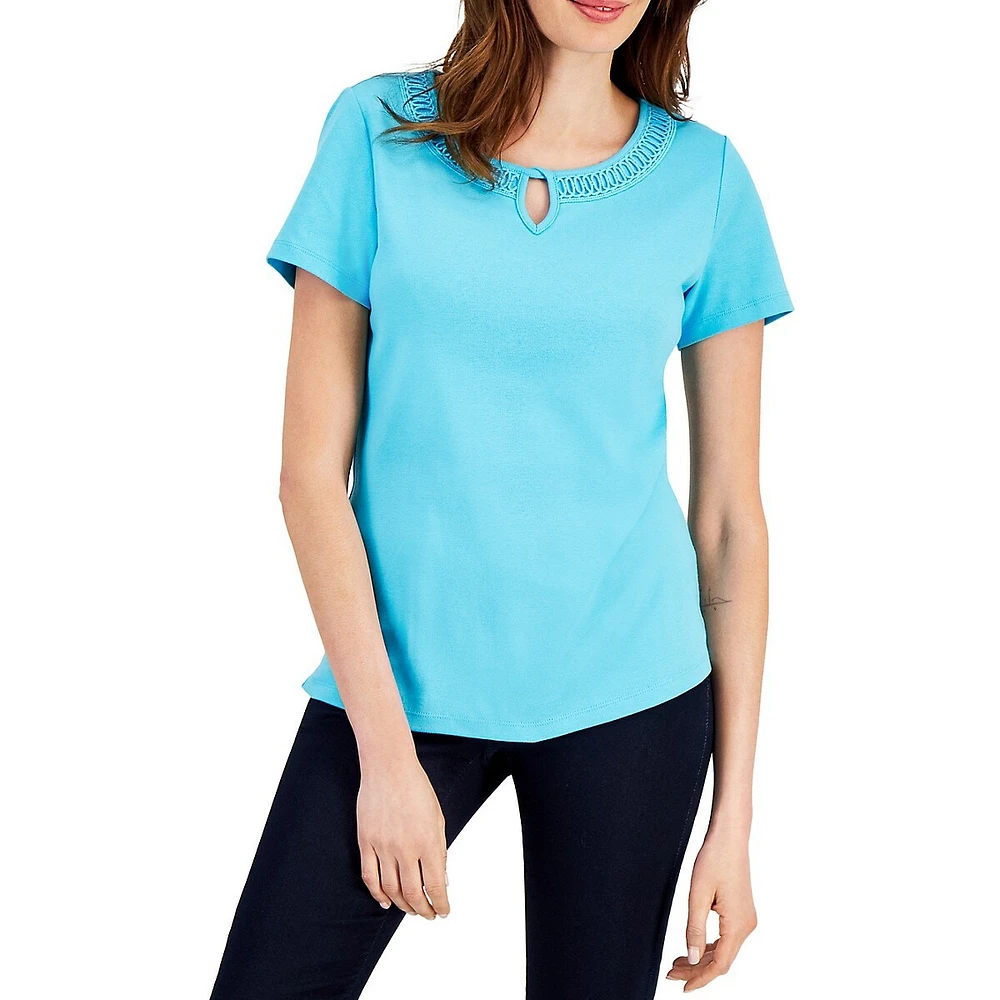 Petite Lace-Trim Keyhole Short-Sleeve Top